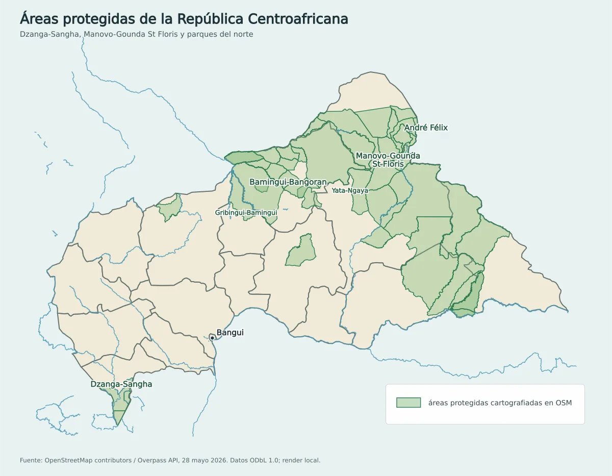 Mapa de áreas protegidas de la República Centroafricana con Dzanga-Sangha, Manovo-Gounda St Floris, Bamingui-Bangoran, André Félix, Gribingui-Bamingui y Yata-Ngaya