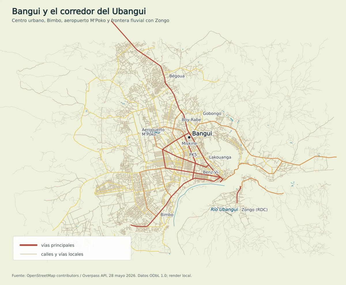Mapa urbano de Bangui con Bimbo, Bégoua, aeropuerto M'Poko, barrios centrales, río Ubangui y Zongo en la República Democrática del Congo