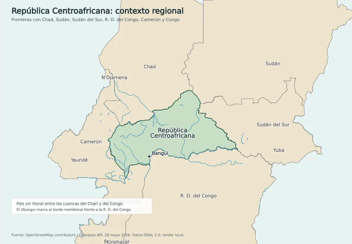 Mapa regional de la República Centroafricana con fronteras de Chad, Sudán, Sudán del Sur, República Democrática del Congo, Camerún y República del Congo