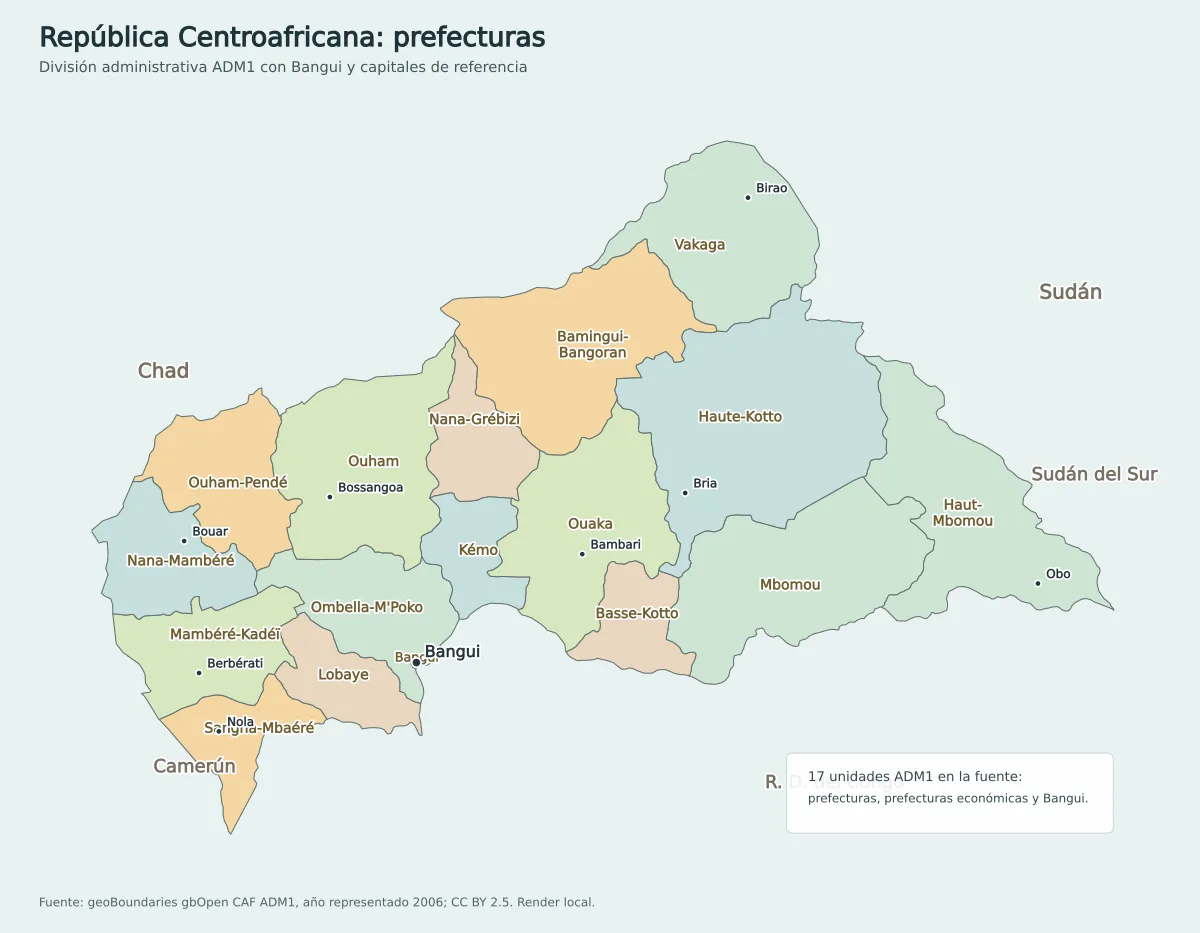 Mapa de la República Centroafricana con prefecturas, Bangui y ciudades como Bambari, Berbérati, Bouar, Bossangoa, Bria, Birao, Obo y Nola