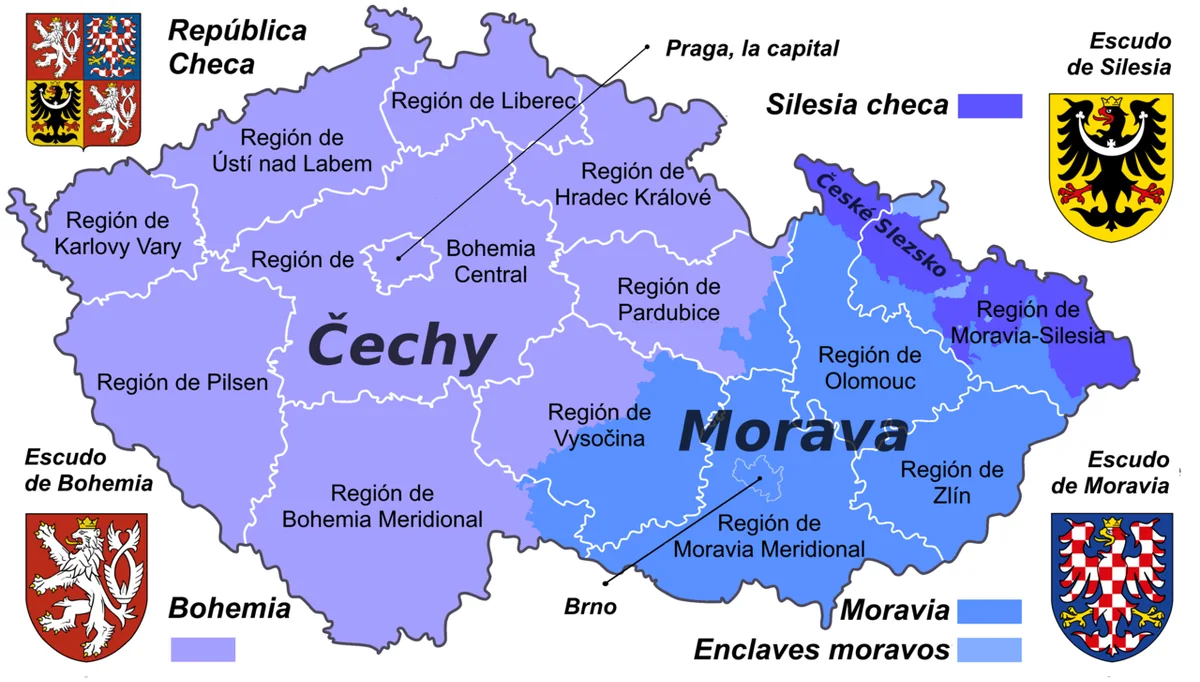 Mapa de República Checa en español con Bohemia, Moravia, Silesia checa, enclaves moravos y regiones administrativas actuales