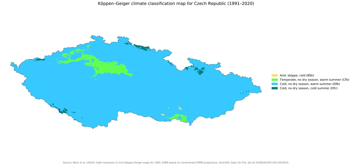 Mapa de República Checa con clasificación climática Köppen-Geiger 1991-2020 y leyenda en inglés