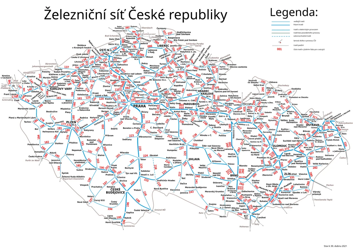 Mapa ferroviario de República Checa con red nacional, líneas principales, líneas secundarias, electrificación y números de ruta