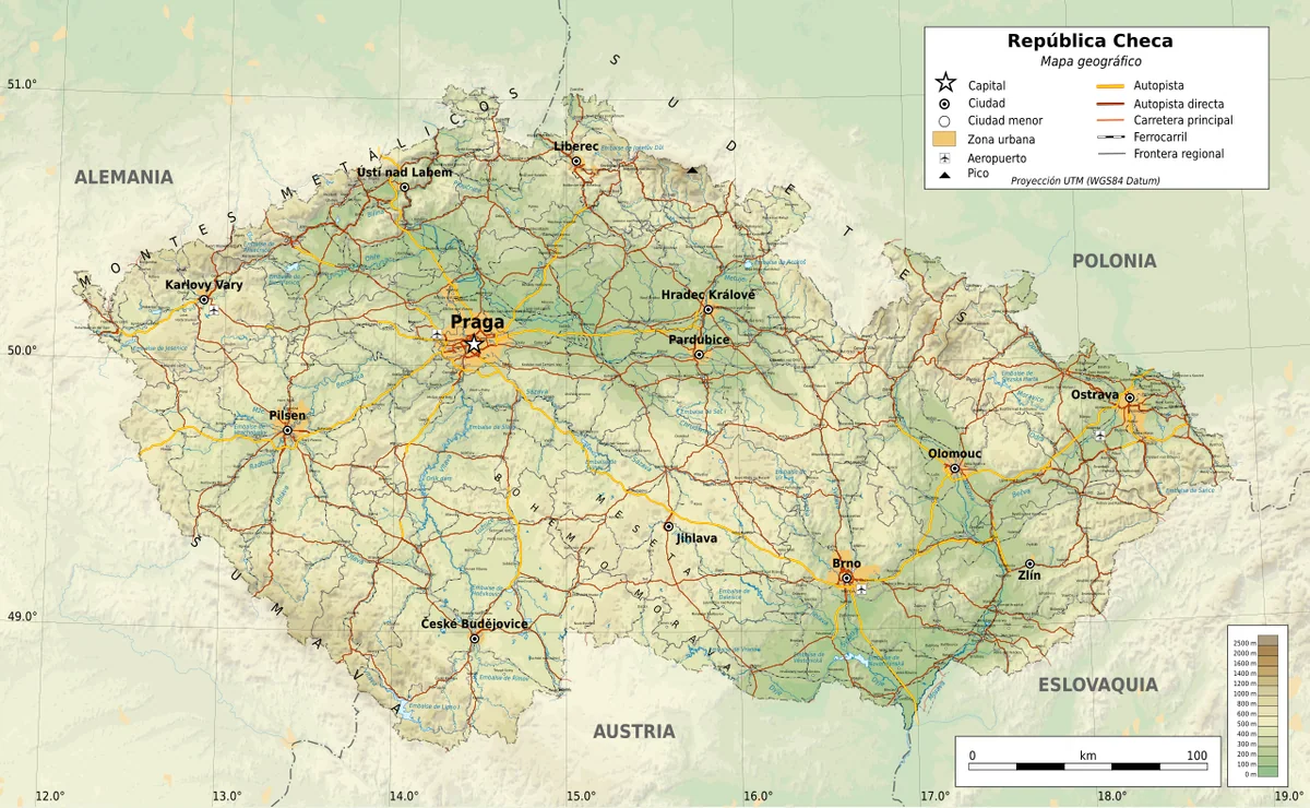 Mapa físico de República Checa en español con relieve, Praga, Brno, Ostrava, ríos, carreteras, autopistas y países vecinos