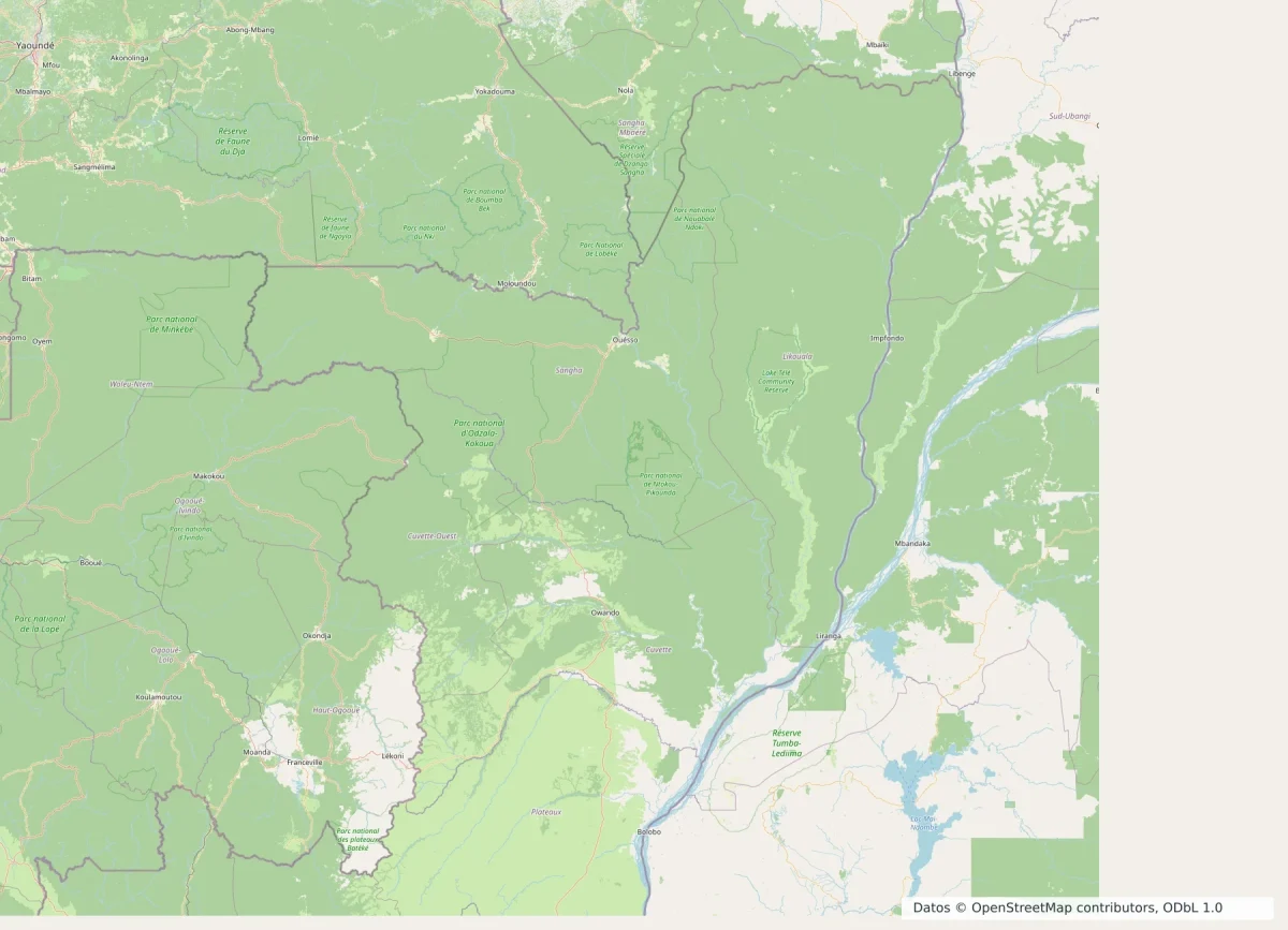 Mapa del norte de la República del Congo con Ouesso, Impfondo, Odzala-Kokoua, Nouabalé-Ndoki, Lac Télé, Sangha y Likouala