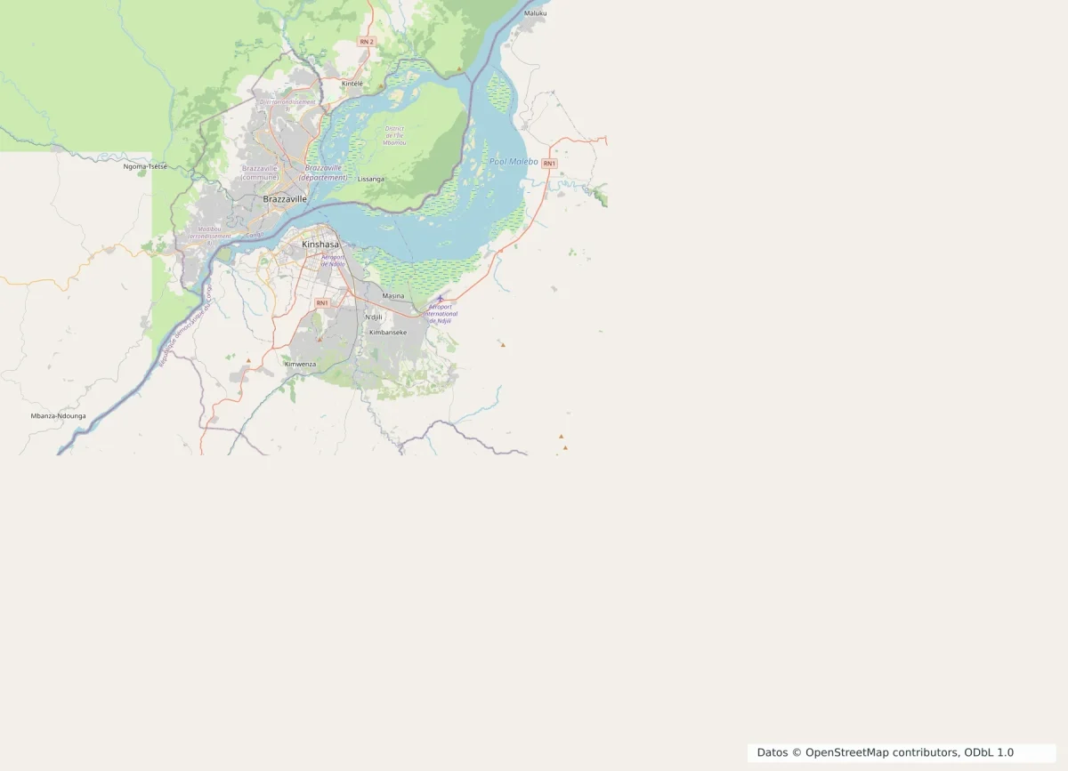 Mapa urbano de Brazzaville y Kinshasa con el río Congo, barrios principales, Pool Malebo y rutas de acceso