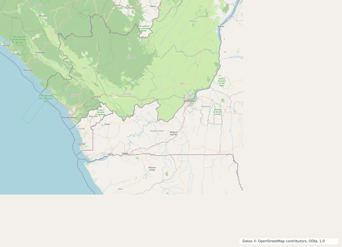 Mapa del corredor entre Brazzaville y Pointe-Noire con Dolisie, Nkayi, Madingou, Kinkala, carreteras y ferrocarril