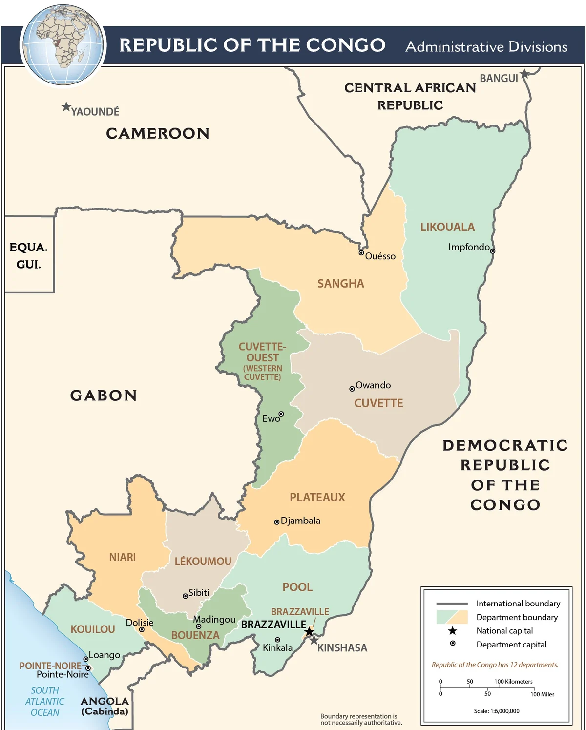 Mapa administrativo de la República del Congo con los departamentos Kouilou, Pointe-Noire, Niari, Lékoumou, Bouenza, Pool, Brazzaville, Plateaux, Cuvette, Cuvette-Ouest, Sangha y Likouala