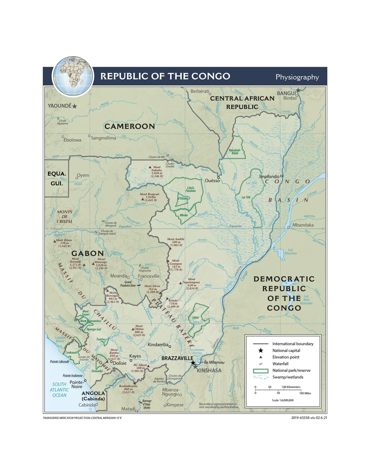 Mapa físico de la República del Congo con ríos Congo, Sangha, Ubangui, Alima y Kouilou-Niari, relieve, humedales y parques nacionales