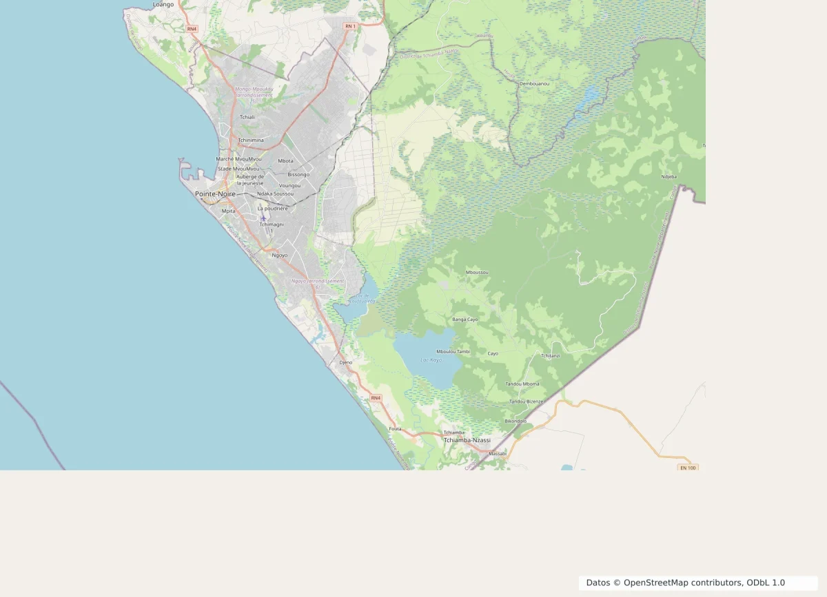 Mapa de Pointe-Noire con puerto, costa atlántica, Loango, Ngoyo, vías principales, lagunas y humedales próximos
