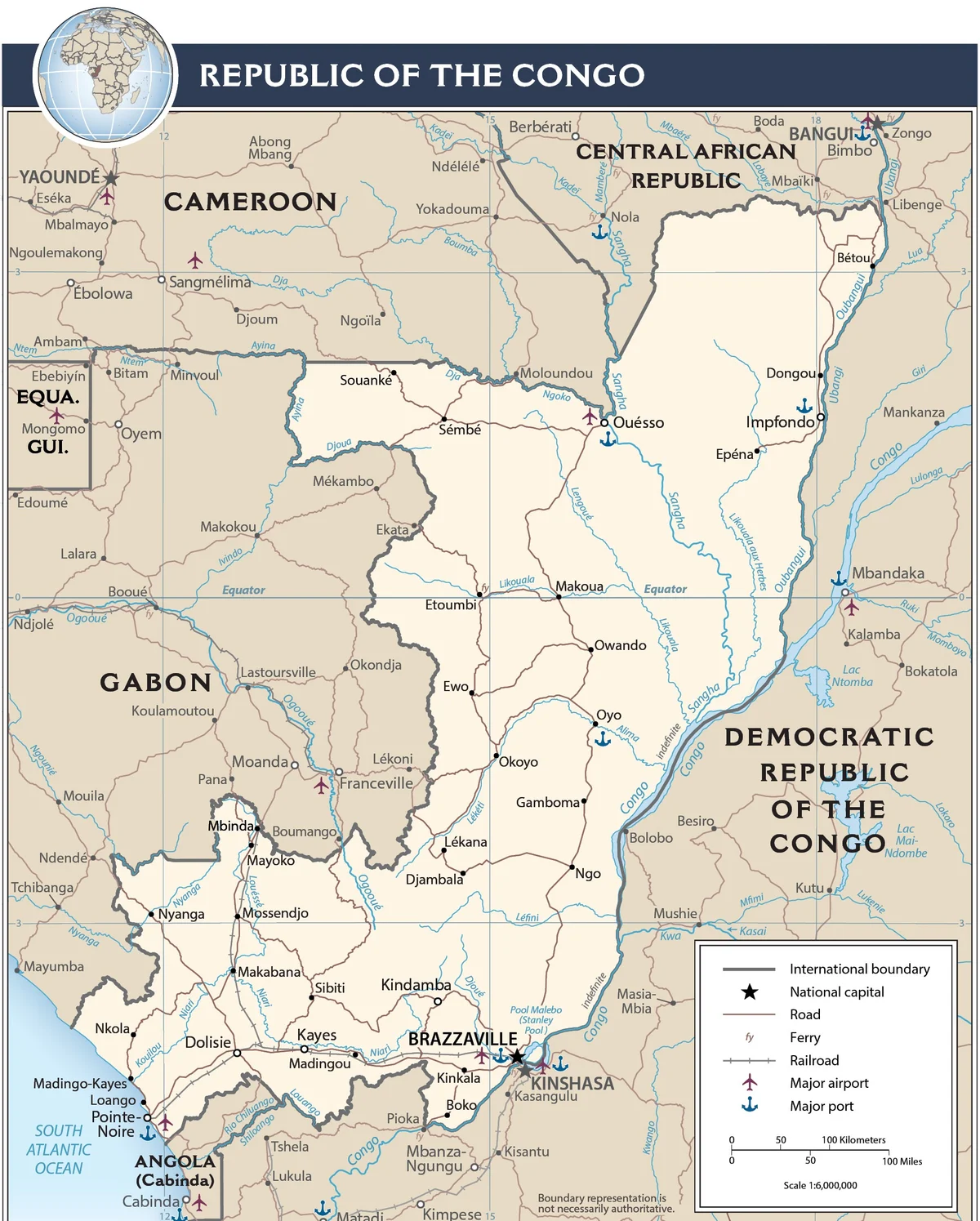 Mapa de transporte de la República del Congo con carreteras, pistas, ferrocarril Brazzaville-Pointe-Noire, puertos, aeropuertos y ciudades principales