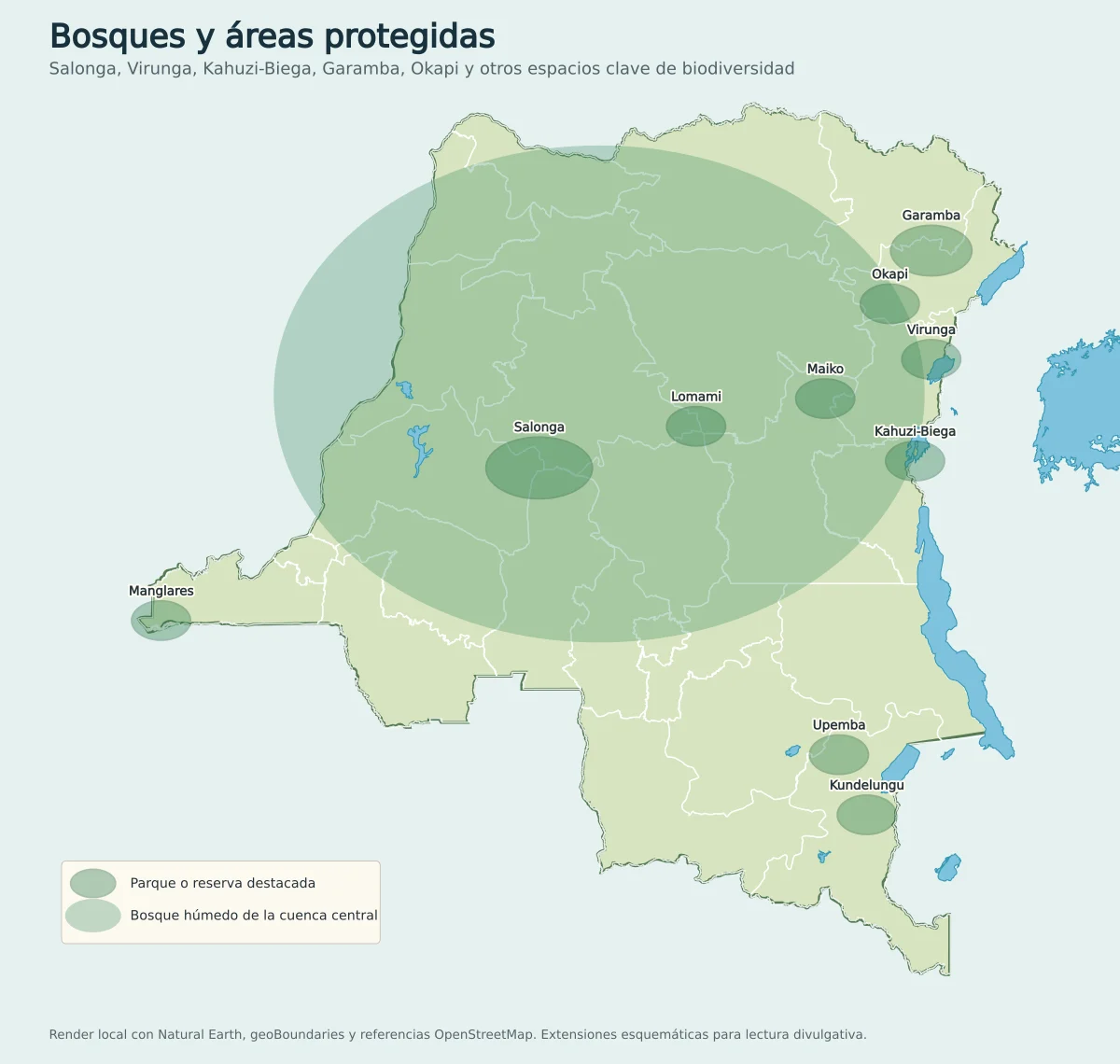 Mapa de la República Democrática del Congo con bosque húmedo de la cuenca central y áreas protegidas destacadas como Salonga, Virunga, Kahuzi-Biega, Garamba, Okapi, Maiko, Lomami, Upemba, Kundelungu y Manglares