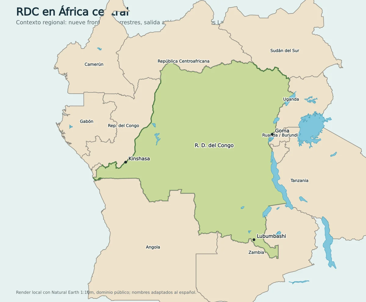 Mapa regional de la República Democrática del Congo en África central con República del Congo, República Centroafricana, Sudán del Sur, Uganda, Ruanda, Burundi, Tanzania, Zambia, Angola, Gabón y Camerún