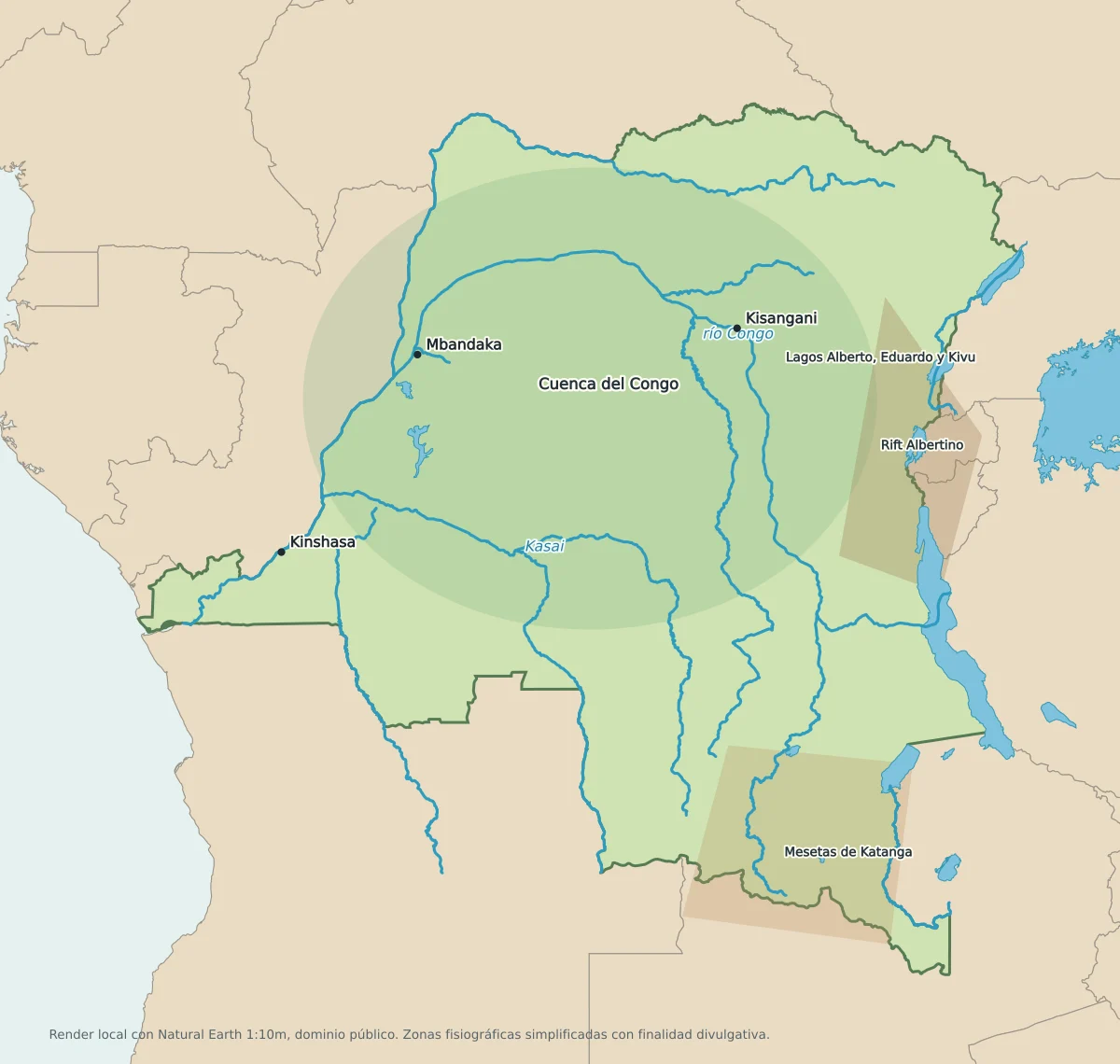 Mapa temático de la República Democrática del Congo con la cuenca del Congo, río Congo, ríos Kasai, Ubangi, Lualaba, Lomami, lagos orientales, Rift Albertino y mesetas de Katanga