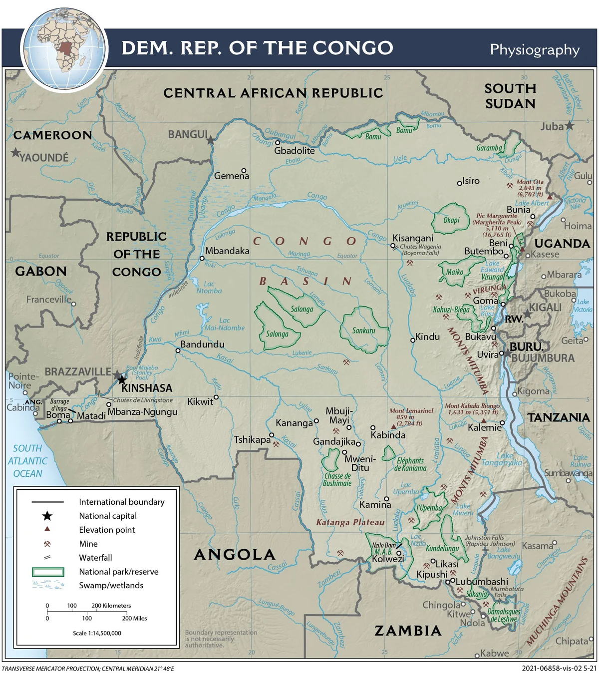 Mapa físico de la República Democrática del Congo con relieve, ríos, selva de la cuenca del Congo, cordilleras orientales, lagos Alberto, Eduardo, Kivu, Tanganica y Mweru
