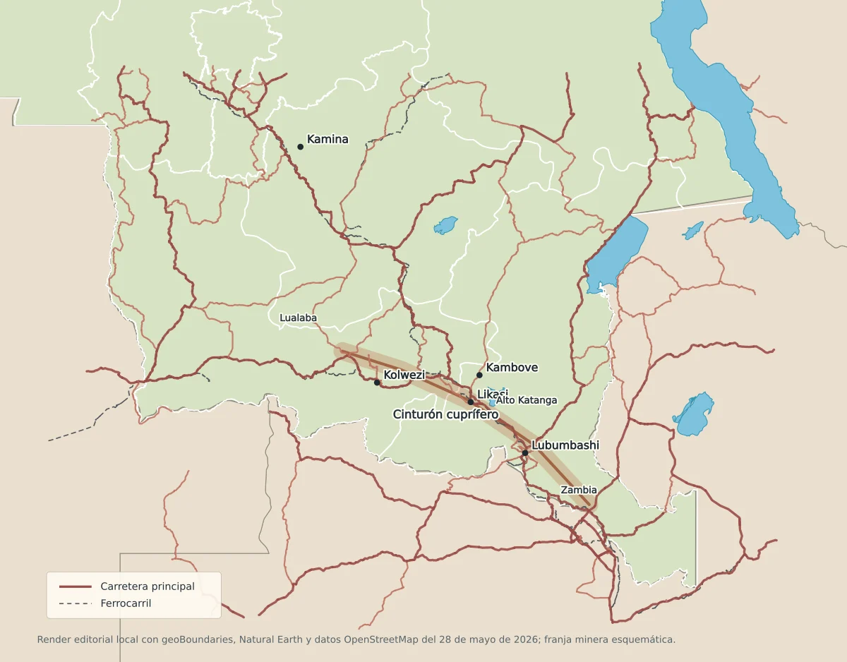 Mapa del Katanga en el sureste de la República Democrática del Congo con Lualaba, Alto Katanga, Lubumbashi, Kolwezi, Likasi, Kambove, Kamina, ferrocarril, carreteras y cinturón cuprífero hacia Zambia