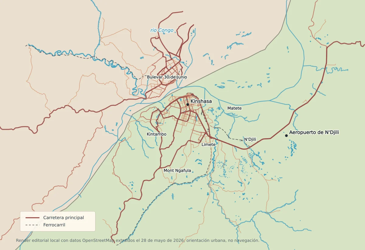 Mapa urbano de Kinshasa y Brazzaville con el río Congo, Gombe, Kintambo, Limete, Matete, N'Djili, Mont Ngafula, bulevar 30 de Junio y aeropuerto de N'Djili