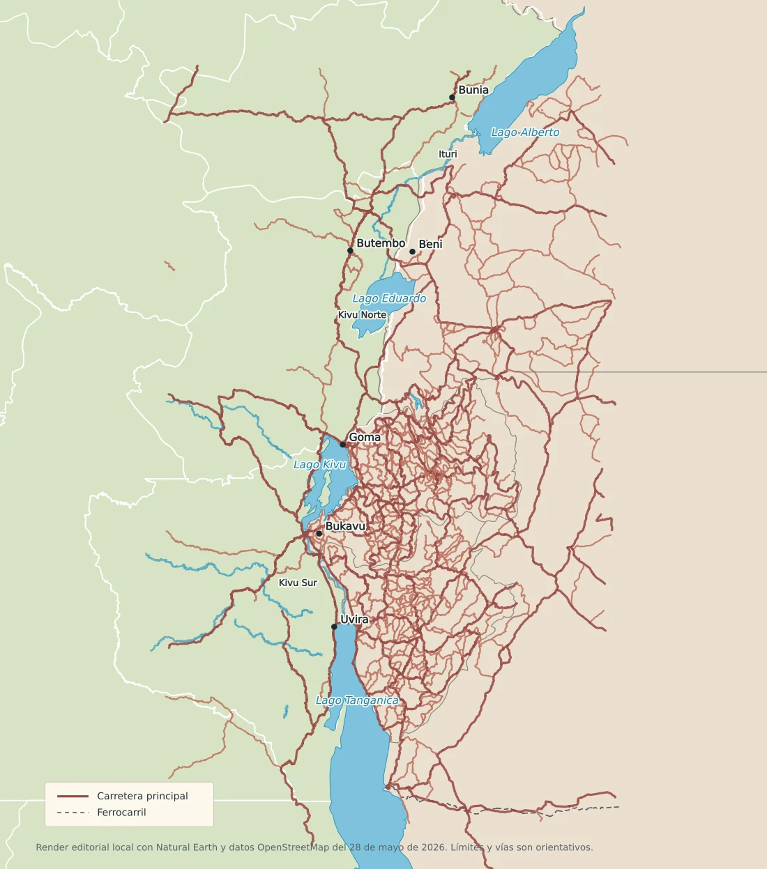 Mapa del este de la República Democrática del Congo con Ituri, Kivu Norte, Kivu Sur, Goma, Bukavu, Beni, Butembo, Bunia, Uvira, lago Kivu, lago Eduardo, lago Alberto y lago Tanganica