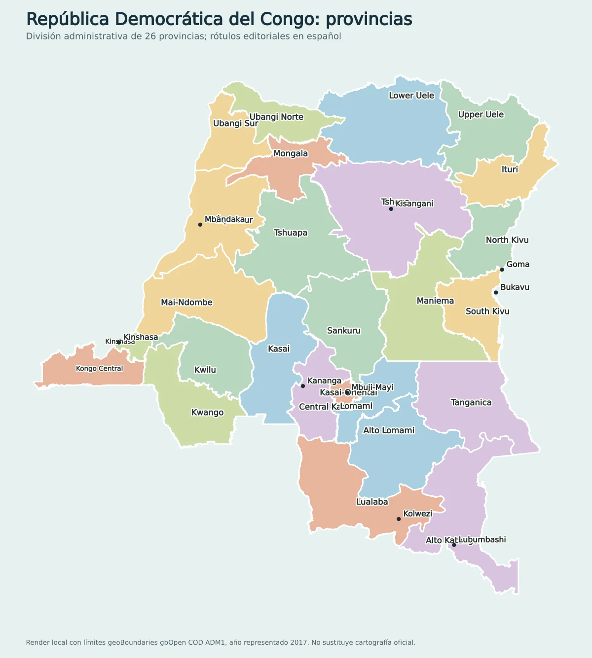 Mapa de la República Democrática del Congo con sus 26 provincias rotuladas en español, incluida Kinshasa, Kongo Central, Ituri, Kivu Norte, Kivu Sur, Lualaba y Alto Katanga