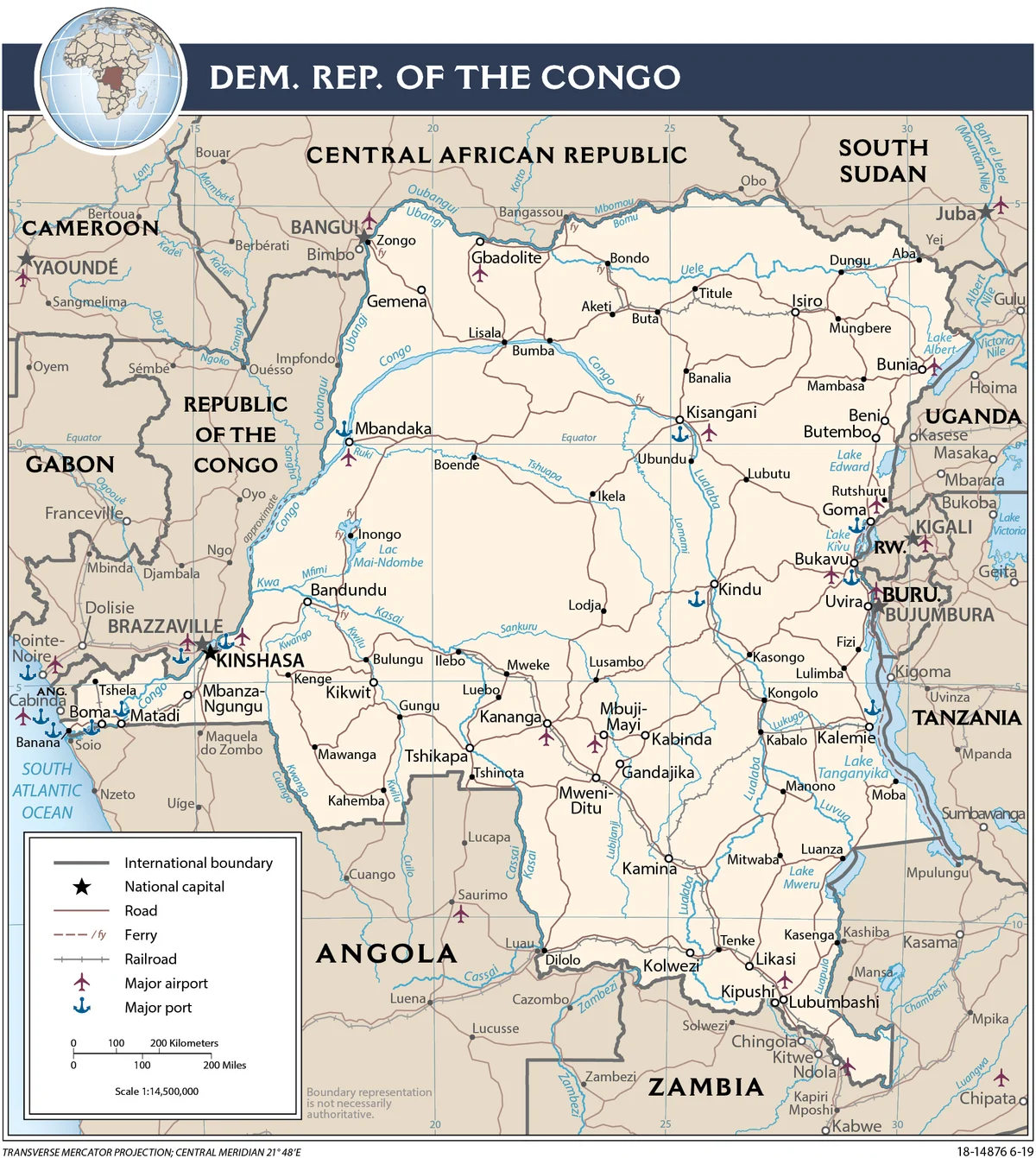Mapa de transporte de la República Democrática del Congo con carreteras, vías férreas, ferris, puertos fluviales, aeropuertos, Kinshasa, Matadi, Kisangani, Goma, Bukavu, Kindu, Lubumbashi y Kolwezi