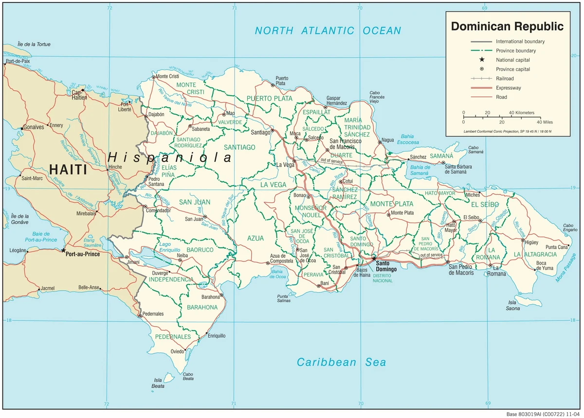 Mapa de carreteras de República Dominicana con autopistas, carreteras, ferrocarril, provincias, Santo Domingo, Santiago, Puerto Plata, La Romana, Punta Cana y frontera con Haití
