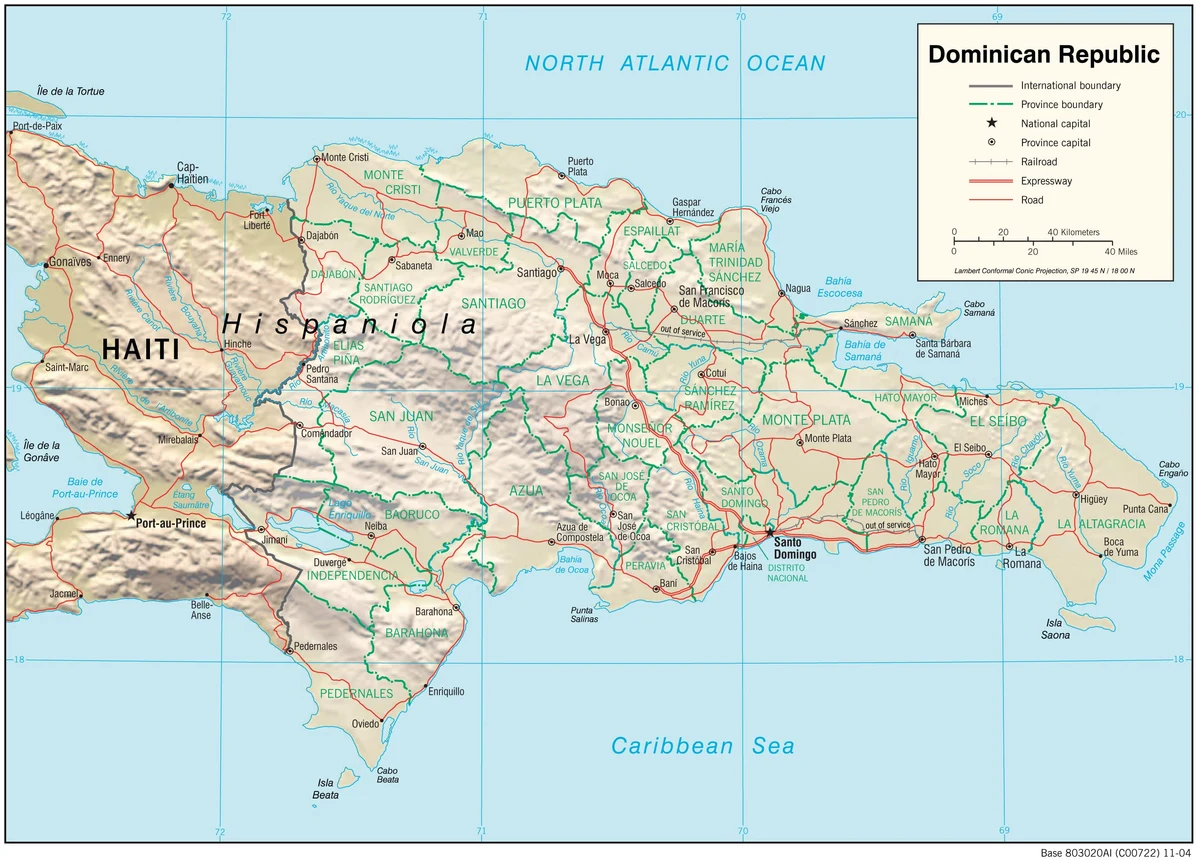 Mapa físico de República Dominicana y Haití con relieve de La Española, cordilleras, ríos, provincias, ciudades y frontera internacional
