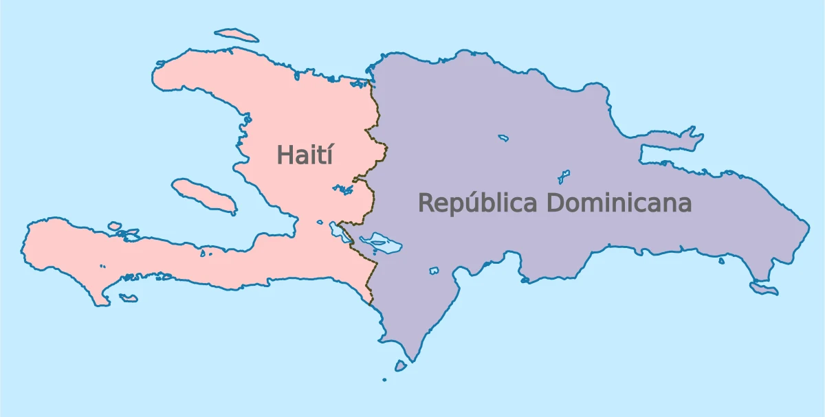 Mapa de La Española con Haití al oeste y República Dominicana al este, frontera internacional y costas de la isla