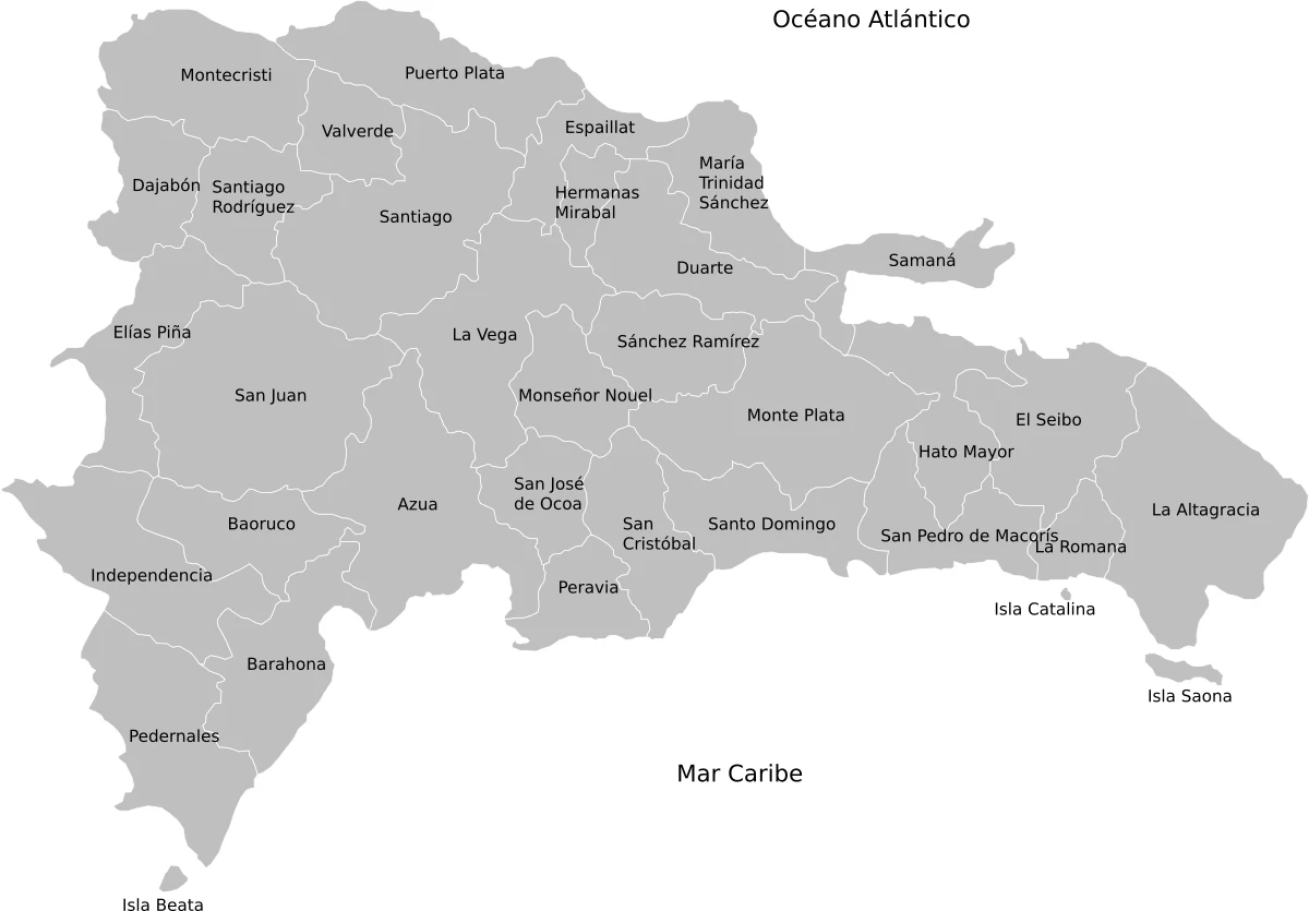 Mapa de República Dominicana en español con provincias como Santo Domingo, Santiago, La Vega, Puerto Plata, San Juan, Azua, Barahona, La Romana y La Altagracia