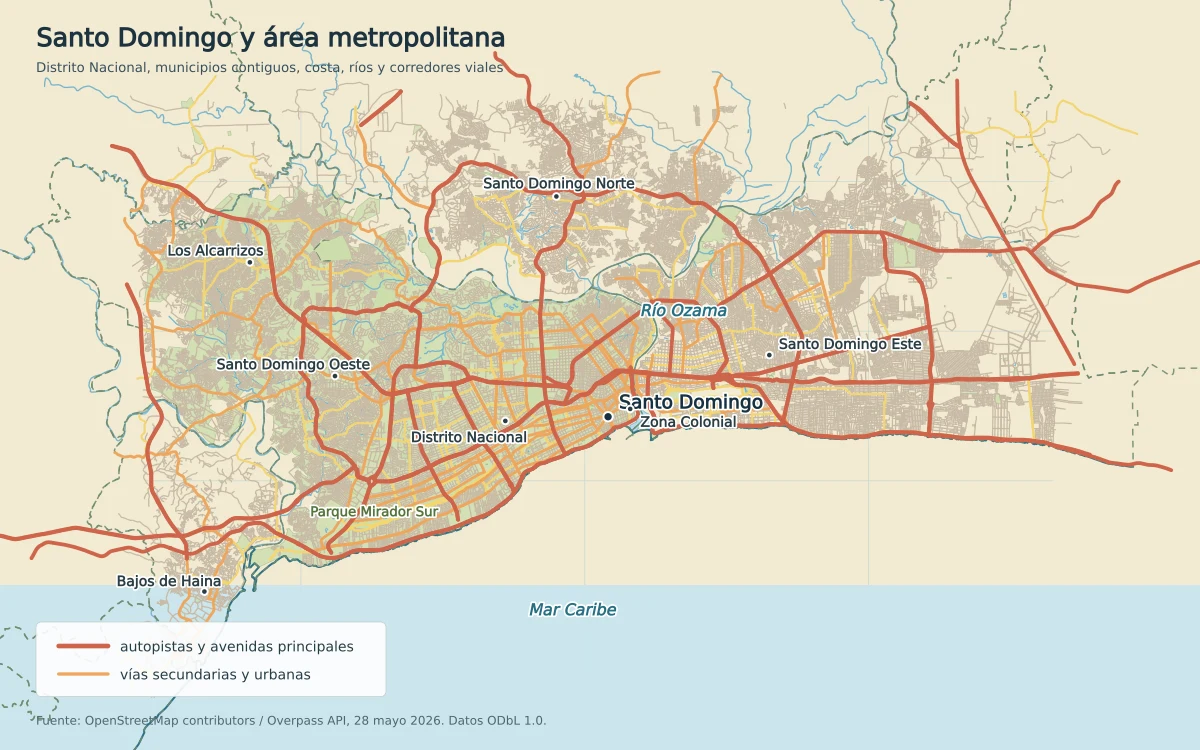 Mapa de Santo Domingo y su área metropolitana con Distrito Nacional, Santo Domingo Este, Oeste y Norte, Los Alcarrizos, Bajos de Haina, río Ozama y principales avenidas
