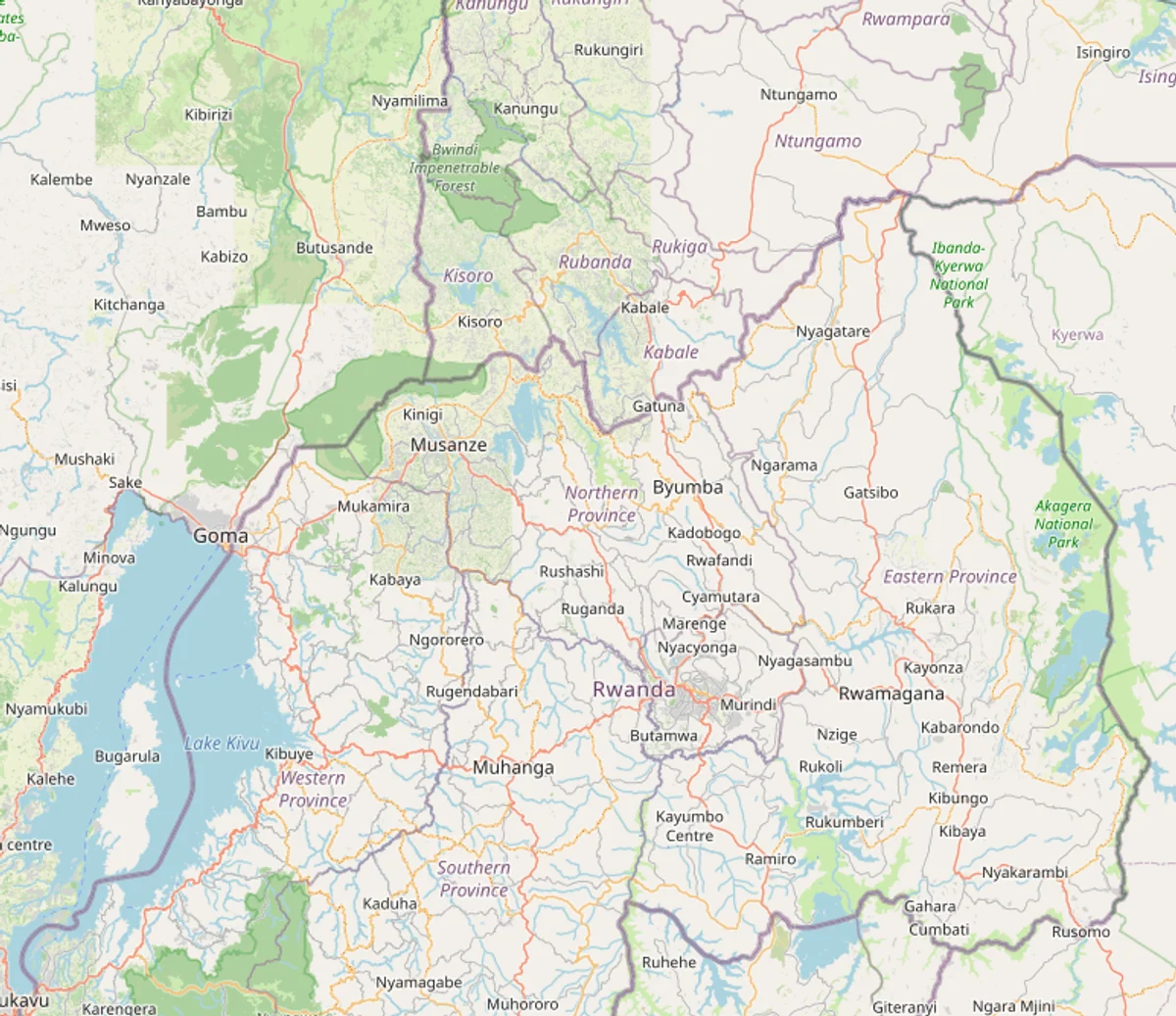 Mapa OpenStreetMap de carreteras de Ruanda con Kigali, Musanze, Rubavu, Huye, Rusizi, Rwamagana, Nyagatare, lago Kivu y conexiones hacia Uganda, Tanzania, Burundi y República Democrática del Congo