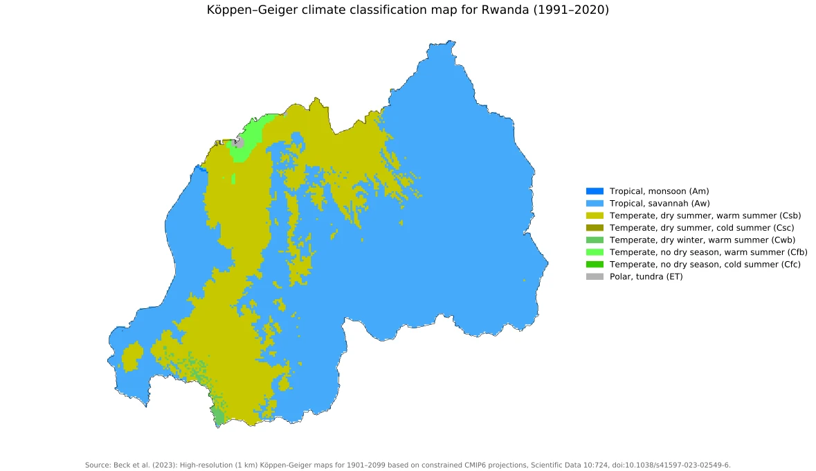 Mapa de clasificación climática Köppen-Geiger de Ruanda 1991-2020 con zonas tropicales, templadas de montaña y variaciones húmedas