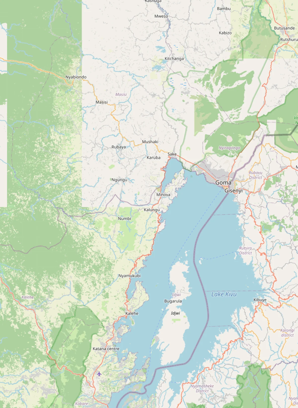 Mapa OpenStreetMap del lago Kivu con Rubavu, Karongi, Nyamasheke, Rusizi, Goma, Bukavu y la frontera entre Ruanda y República Democrática del Congo