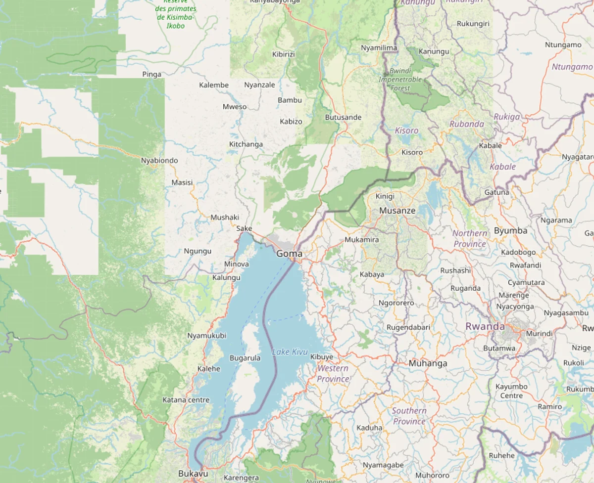 Mapa OpenStreetMap de parques nacionales de Ruanda con Volcanoes National Park, Akagera National Park, Nyungwe National Park, lago Kivu, Kigali y ciudades principales