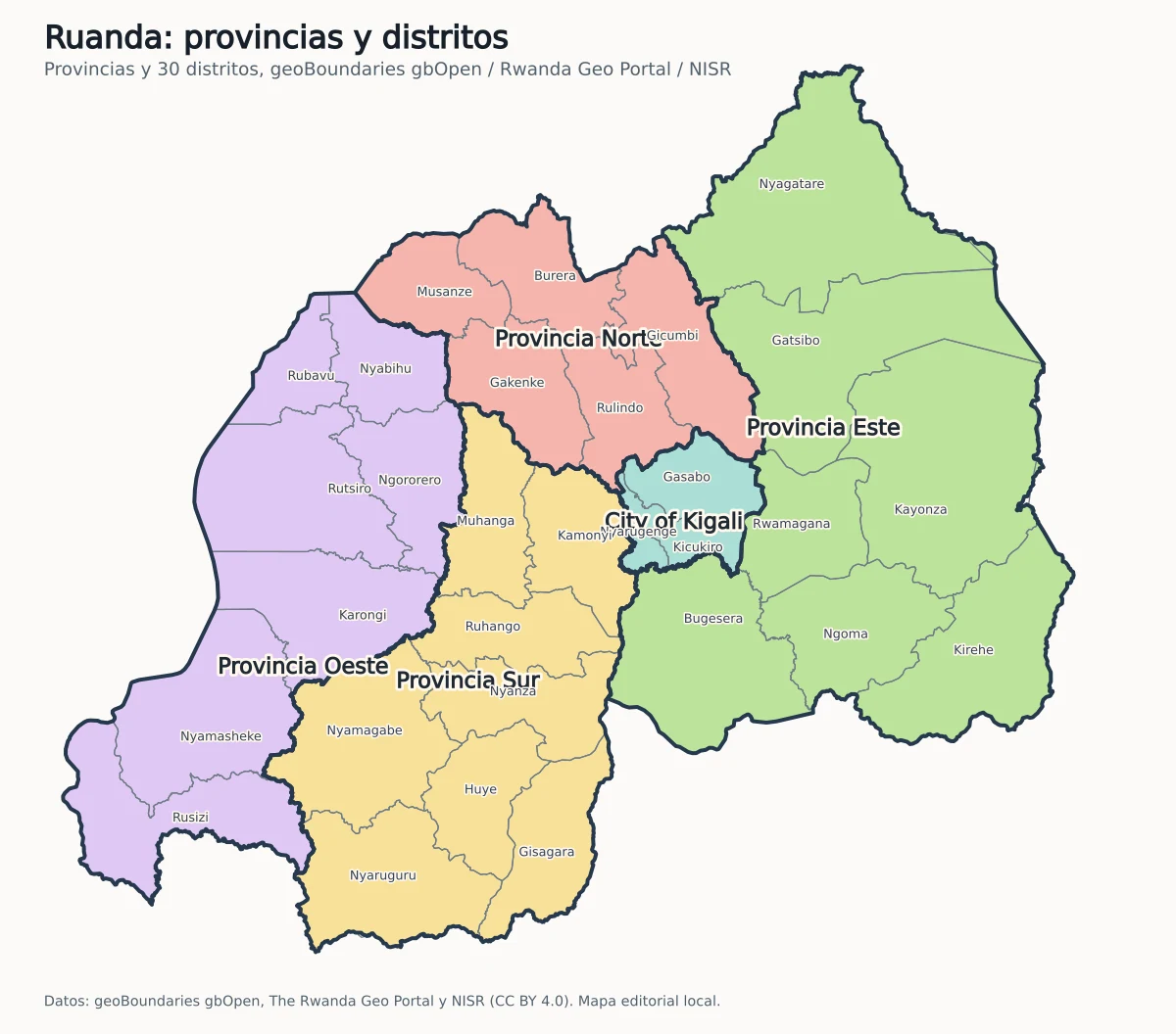 Mapa administrativo de Ruanda con Kigali, Provincia Norte, Provincia Sur, Provincia Este, Provincia Oeste y los 30 distritos