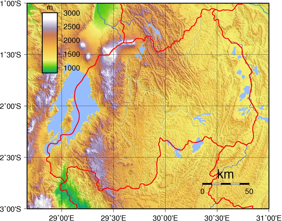 Mapa topográfico de Ruanda con sombreado de relieve, altitudes, lago Kivu, tierras altas occidentales, frontera con Uganda, Tanzania, Burundi y República Democrática del Congo