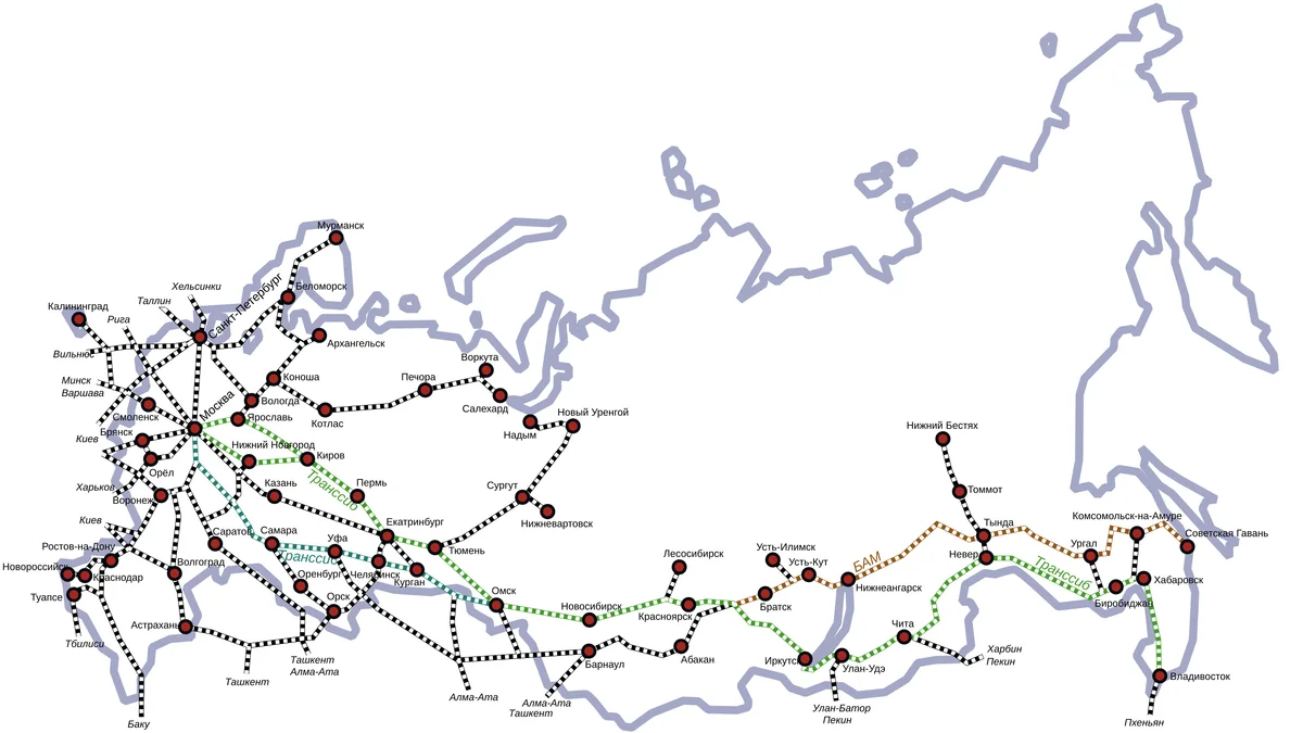 Mapa ferroviario de Rusia en ruso con principales líneas, Transiberiano y Baikal-Amur