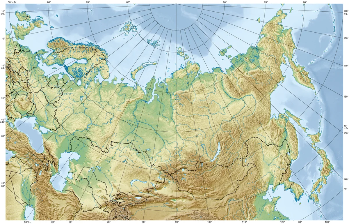 Mapa físico de Rusia con relieve sombreado, costas, ríos, lagos y cordilleras