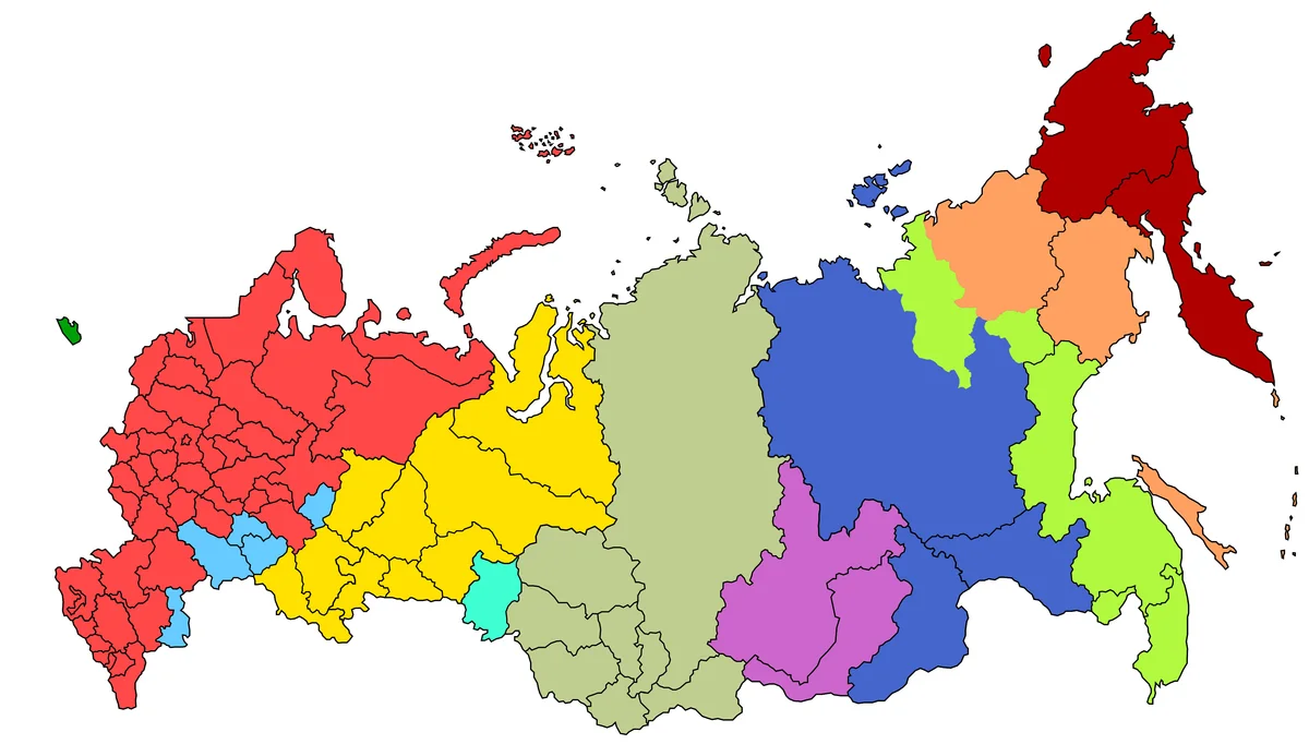 Mapa de Rusia con husos horarios desde UTC+2 hasta UTC+12