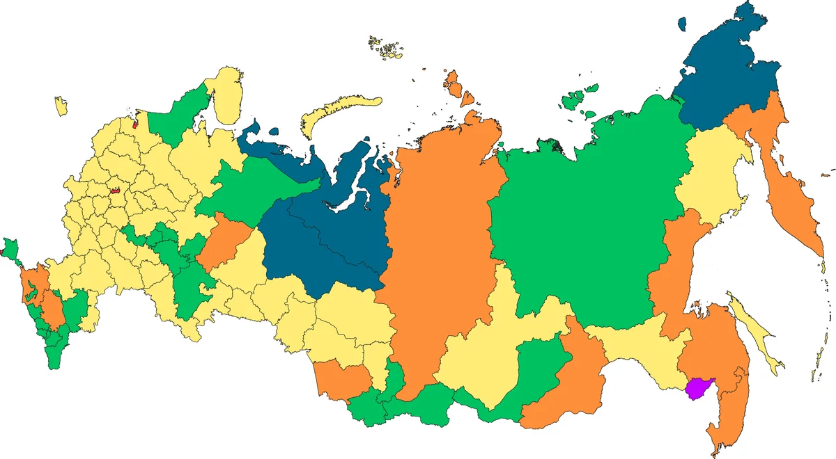 Mapa administrativo de Rusia con sujetos federales coloreados por tipo