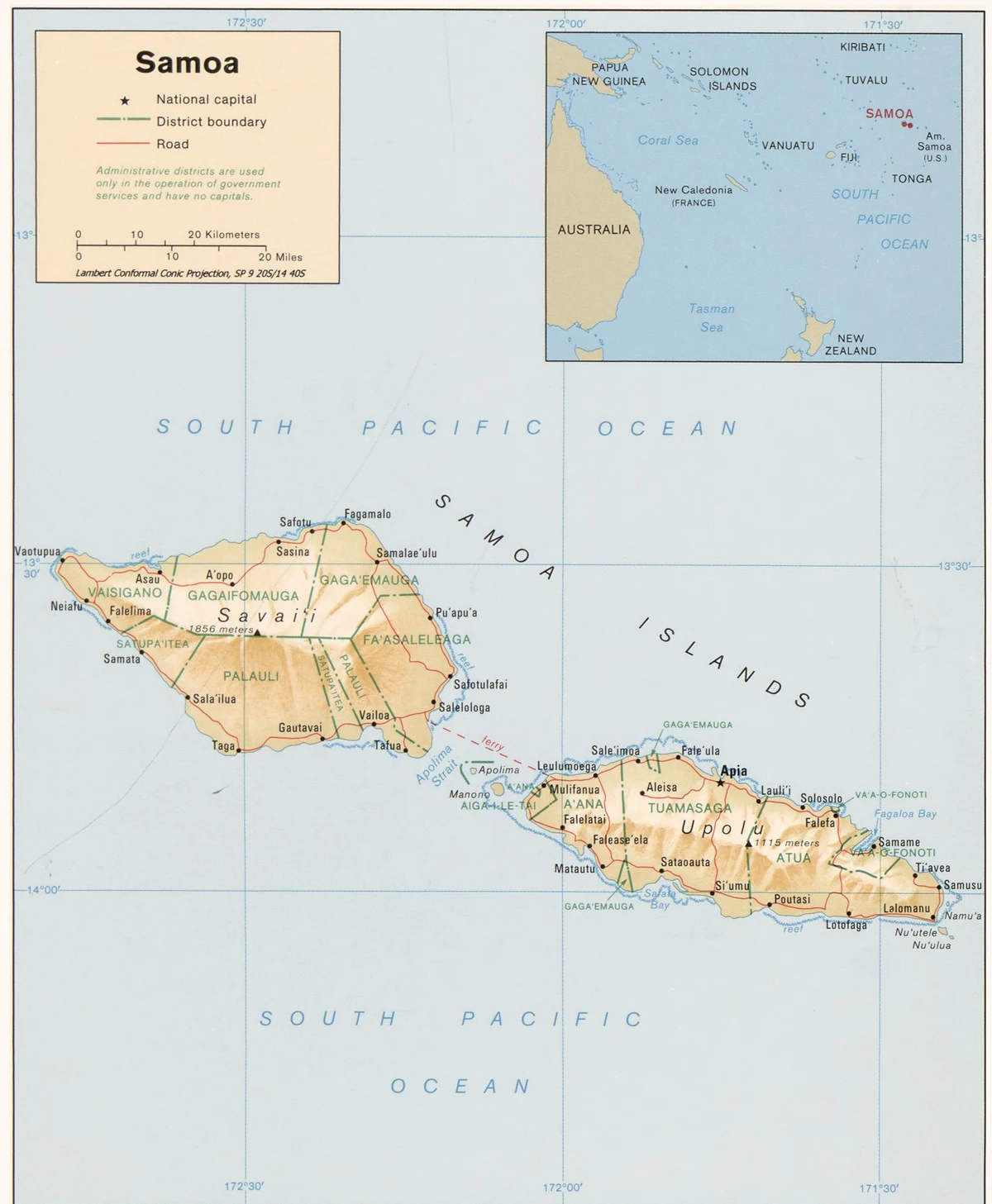 Mapa general de Samoa de la CIA con relieve, carreteras, límites distritales, Apia, Savai'i, Upolu, Manono, Apolima, Faleolo, Salelologa y localización regional en el Pacífico