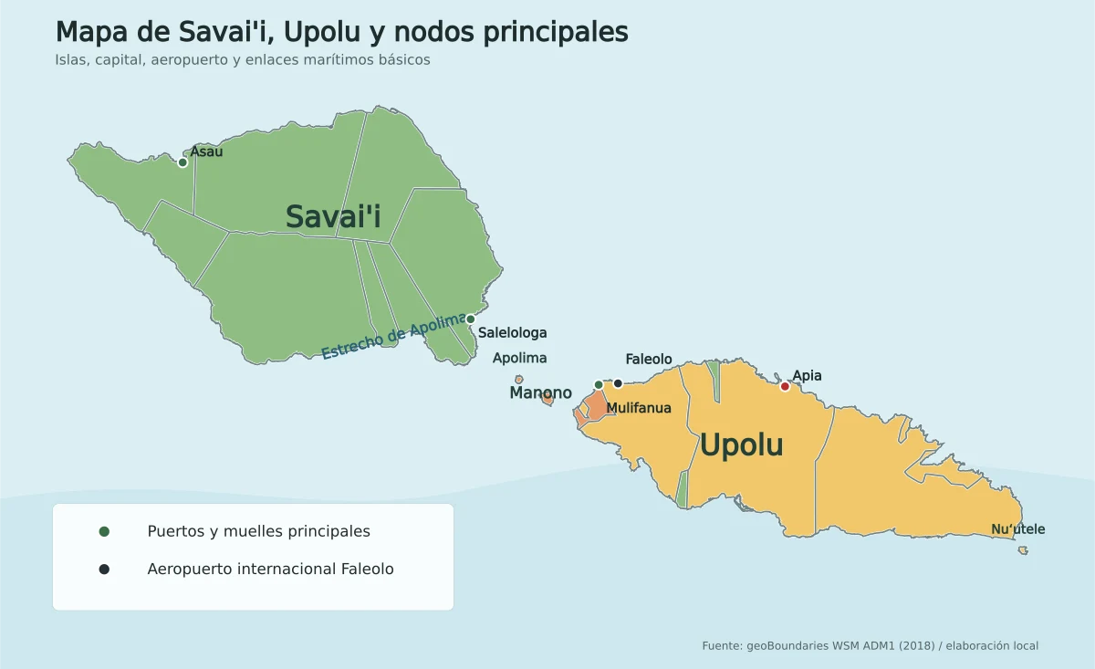 Mapa de Samoa con Savai'i, Upolu, Manono, Apolima, Apia, Faleolo, Mulifanua, Salelologa, Asau y el estrecho de Apolima