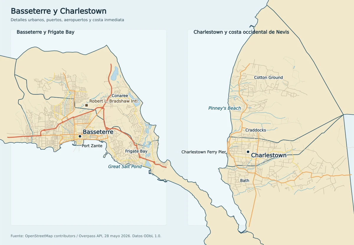 Mapa de detalle de Basseterre, Port Zante, Frigate Bay, Robert L. Bradshaw International Airport, Charlestown, Charlestown Ferry Pier, Pinney's Beach y Cotton Ground