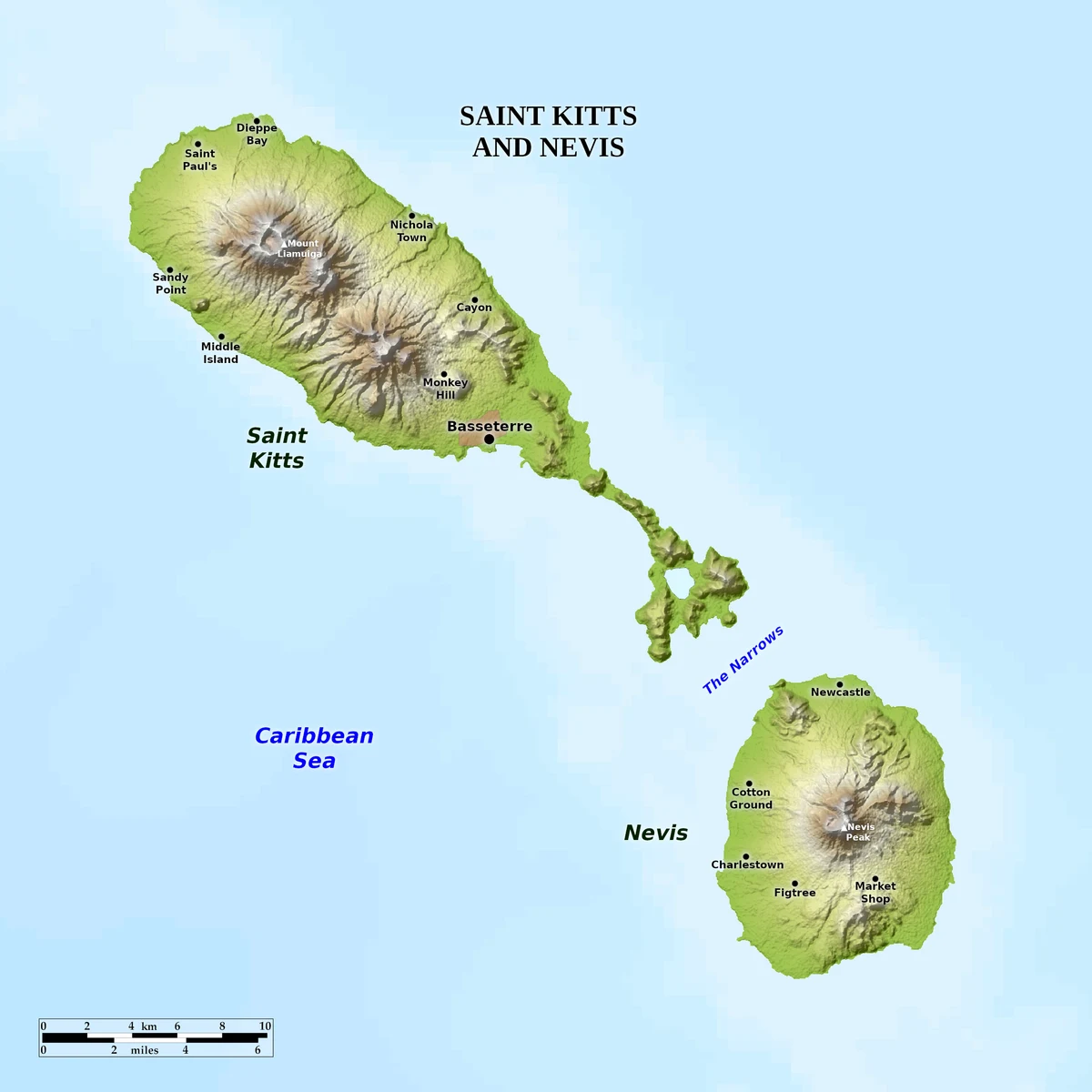 Mapa físico de San Cristóbal y Nieves con relieve sombreado de Saint Kitts, Nevis, montañas, costa, bathimetría y principales localidades