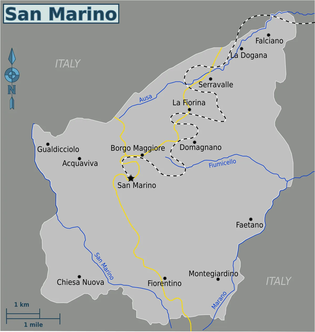 Mapa de San Marino con la carretera principal en amarillo, frontera con Italia, capital, Borgo Maggiore, Serravalle, La Dogana, Domagnano, Faetano y ríos Ausa, San Marino, Fiumicello y Marano