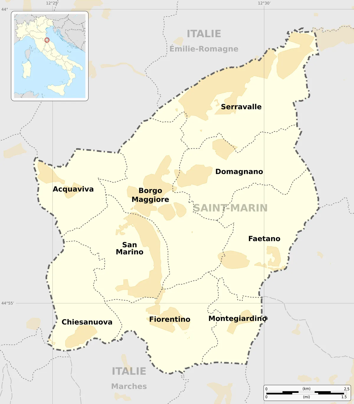 Mapa de San Marino con los castelli de Serravalle, Domagnano, Acquaviva, Borgo Maggiore, San Marino, Faetano, Chiesanuova, Fiorentino y Montegiardino