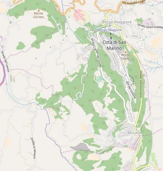 Mapa urbano de Città di San Marino con Borgo Maggiore, Monte Titano, Murata, calles, senderos, zonas verdes y la carretera Costa dell'Arnella