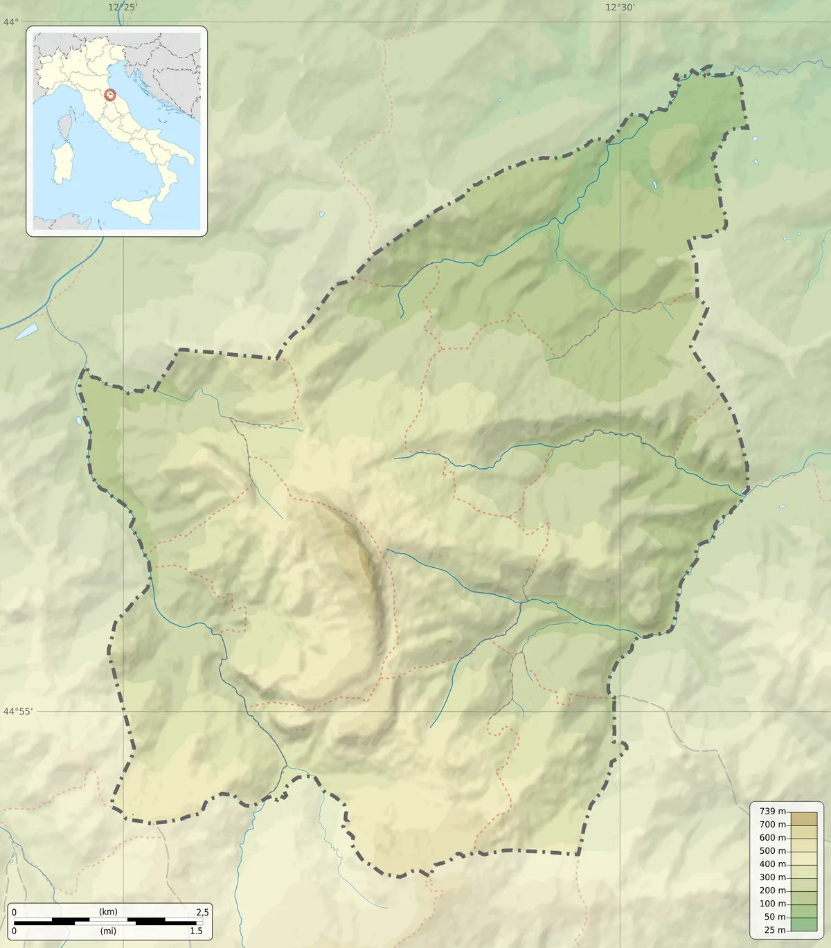 Mapa de relieve de San Marino con sombreado, escala de altitudes, frontera con Italia, cursos de agua y la elevación central de Monte Titano