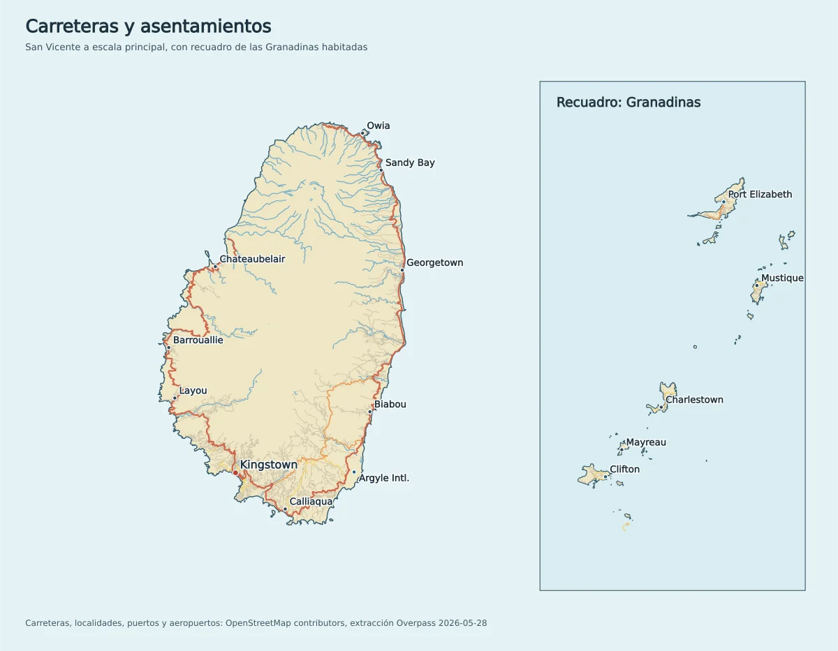 Mapa de carreteras y asentamientos de San Vicente y las Granadinas con Kingstown, Layou, Barrouallie, Chateaubelair, Georgetown, Sandy Bay, Owia, Calliaqua, Argyle, Port Elizabeth, Mustique, Canouan y Clifton