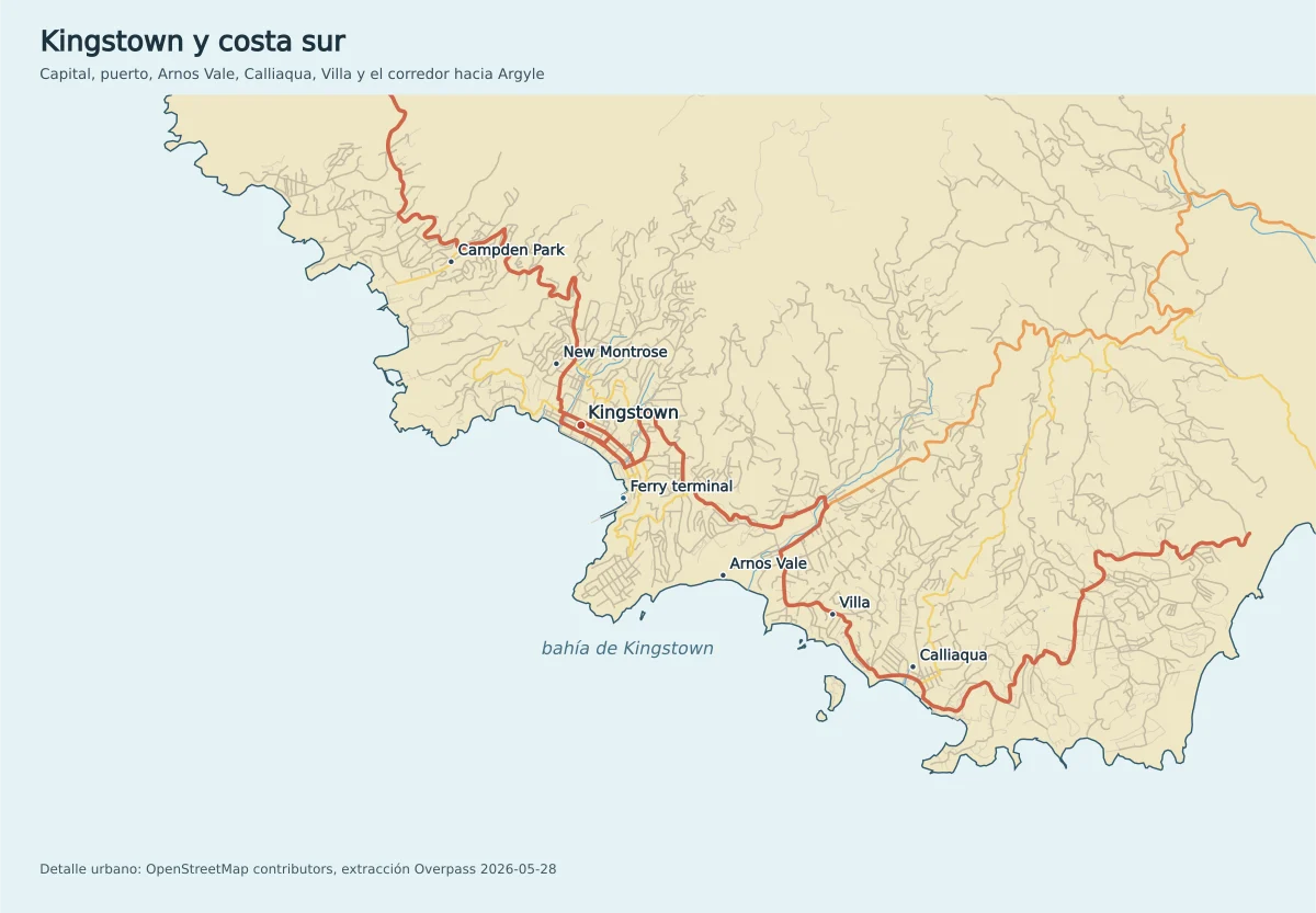 Mapa de Kingstown y la costa sur de San Vicente con New Montrose, Campden Park, Arnos Vale, Villa, Calliaqua, ferry terminal, bahía de Kingstown y carretera hacia Argyle