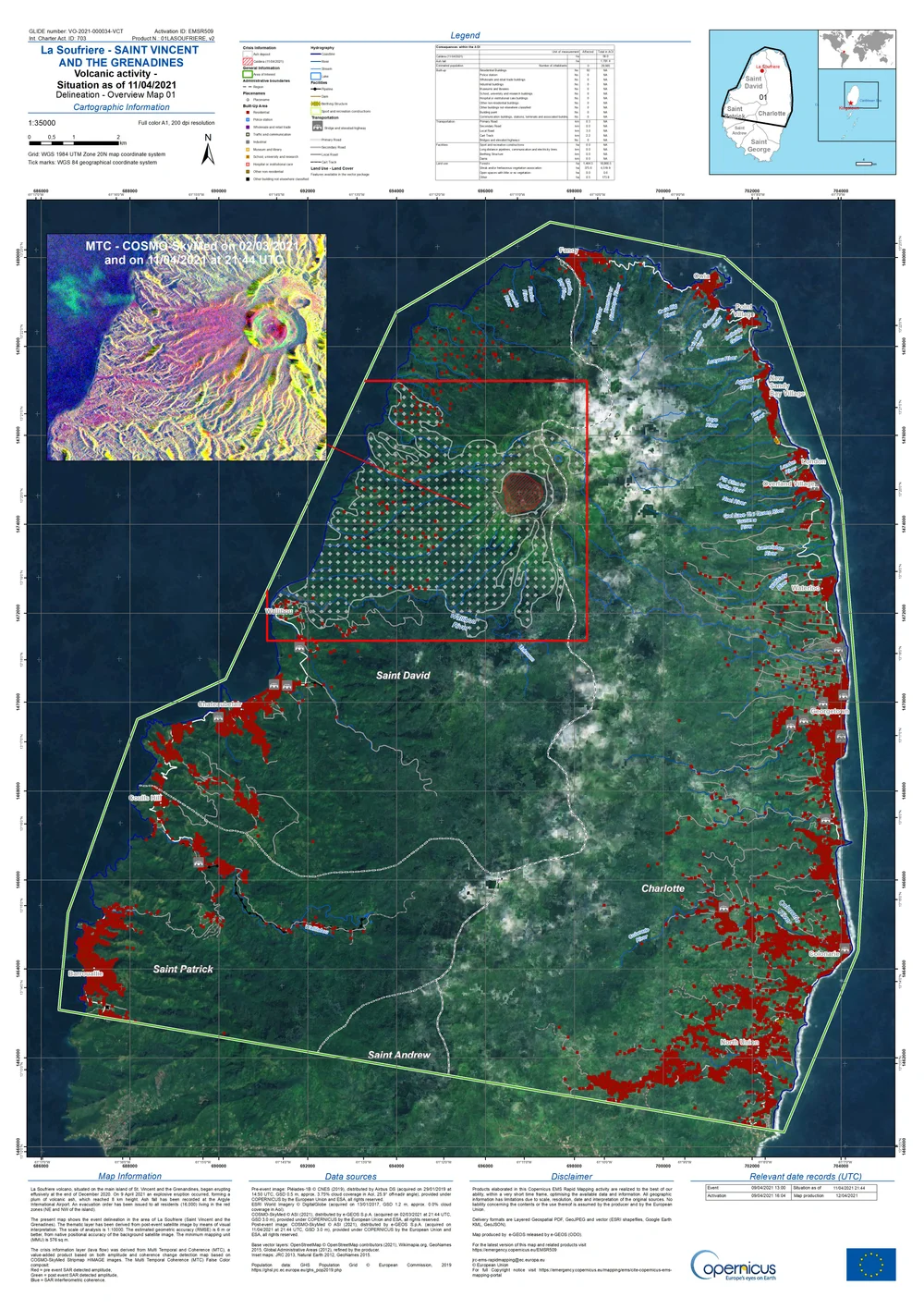 Mapa Copernicus de referencia de La Soufrière en San Vicente con cráter, área de actividad volcánica, asentamientos, parroquias, carreteras y zonas residenciales